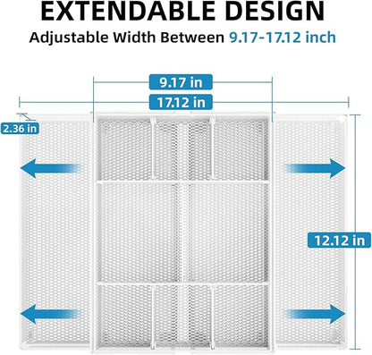 Marbrasse Expandable Desk Drawer Organizer, Mesh Drawer Organizer Tray with 10 Adjustable Compartments, Desk Organizers and Accessories for Office Supplies, Makeup & Vanity (Expandable White-2 pack)
