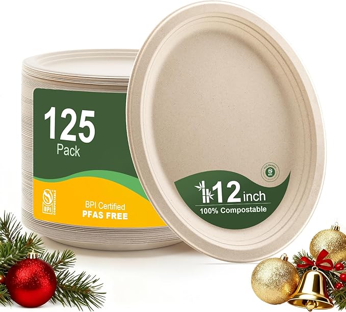 100% Compostable Oval Paper Plates 12 Inch, 125-Pack Large Heavy Duty Paper Plates Bulk,Biodegradable Bagasse,Eco-Friendly Disposable Dinner Plate for BBQ,Picnic,Party (BPI Certified,Microwaveable)