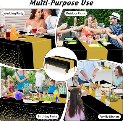 QZYL 12Pack Plastic Table Cloth Disposable, 54" x 108" Waterproof Black Table Cloths with Gold Dots, Outdoor Tablecloth for Rectangle, Table Cloth Cover for New Years Eve Decorations Holiday Birthday