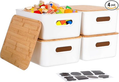 Citylife Storage Bins with Bamboo Lids 13QT Plastic Storage Containers Stackable Organizer Boxes with Handle for Desk Snacks, Toys, 4 PCS, 14" L x 10.6" W x 6.18" H