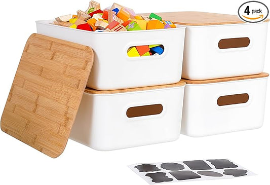 Citylife Storage Bins with Bamboo Lids 13QT Plastic Storage Containers Stackable Organizer Boxes with Handle for Desk Snacks, Toys, 4 PCS, 14" L x 10.6" W x 6.18" H