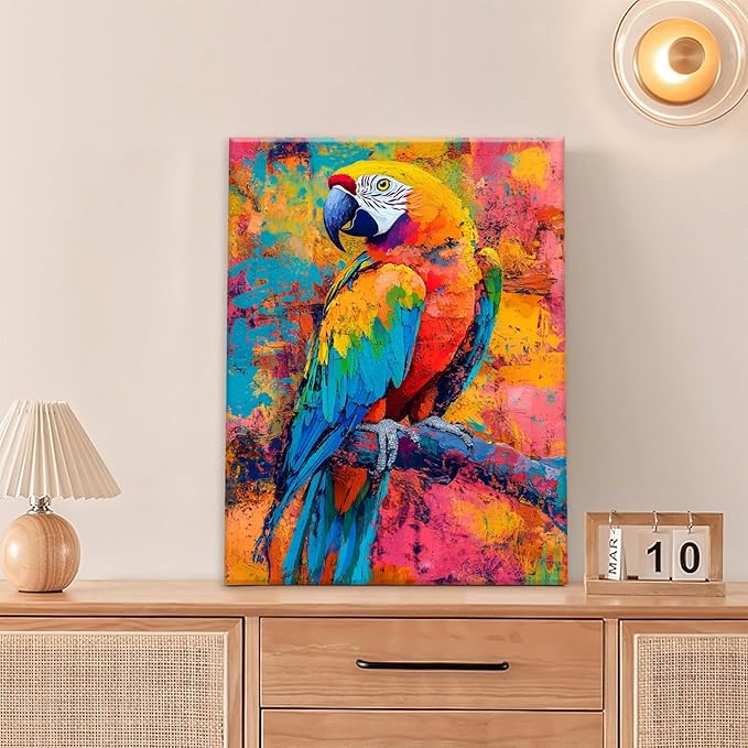 Parrot Wall Art, Graffiti Parrot Pictures Wall Decor, Colorful Birds Canvas Prints, Banksy Animal Painting, Framed Artwork for Bathroom Living Room Bedroom Office Dining Room 24"X20"