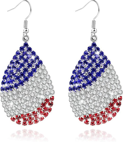 4th of July Independence Day Patriotic Earring for Women American Flag Dangle Earrings Patriotic Red White Blue USA Earring, Pave Crystal Stud