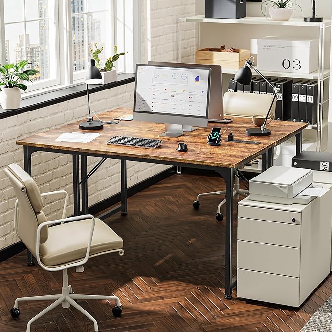 PRAISUN 47 X 20 Inch Office Computer Desk with Power Outlets and USB-C Port, Larger Gaming Desk, for Home Office, Study, Bedroom, Writing Work from Home Table, Metal Frame, Rustic Brown