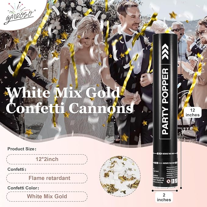 White Confetti Cannon,12Inch White Confetti Mix Gold confetti,5 Pack Confetti Poppers Air Powered For Wedding,Birthday,Celebrations and New Years Eve