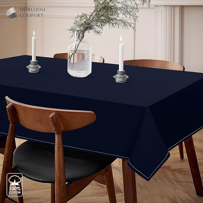 Navy Blue Table Cover, 100% Cotton Tablecloth 60x102 Inch, Fits 8-10 Seats, Soft, Durable, Washable, Wrinkle Resistant, Rectangle Table Cloth for Dining, Holiday Celebrations, Dinner