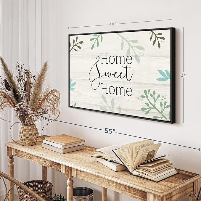 Elephant Stock Home Sweet Home Foliage Wall Art - Horizontal Floating Framed Canvas - 1-Piece Living Room Wall Decor - Leaf Digital Art Canvas Print - Beige and Black Decor for Wall by Susan Jill - 40" X 27"