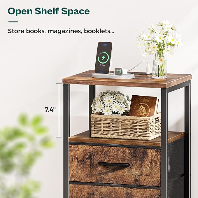 Huuger Nightstands Set of 2, End Tables with Charging Station, Fabric Drawers, Bedside Tables with USB Ports and Outlets, Night Stands for Bedroom, Rustic Brown