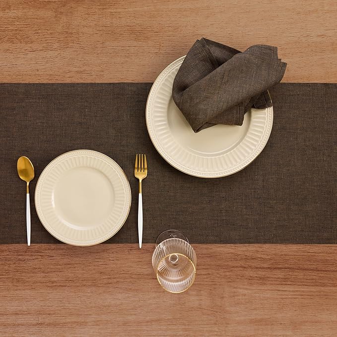 Solino Home Linen Table Runner 48 Inches - 100% Pure Linen Chambray Brown Table Runner 14 x 48 Inch Ideal for Dresser and Coffee Tables - Fall, Autumn, Winter - Athena