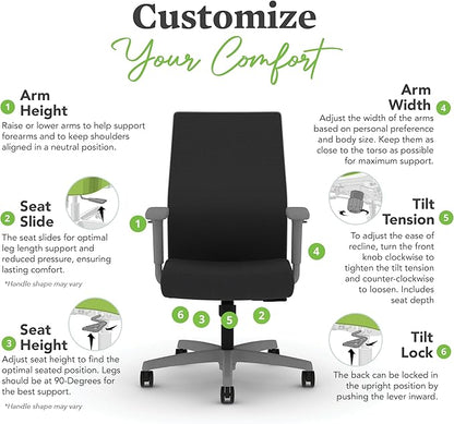 HON Ignition 2.0 Mid Back Task Chair, Standard Synchro-Tilt Control, Office Chair with Lumbar Support, Height and Width Adjustable Arms, Titanium Frame, Black