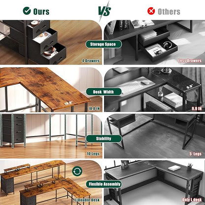 66" L Shaped Computer Desk with Power Outlets, Home Office Desk with 4 Adjustable Storage Drawers & 2 Monitor Stands, Large Two Person Gaming Table for Writing Study, Rustic Brown