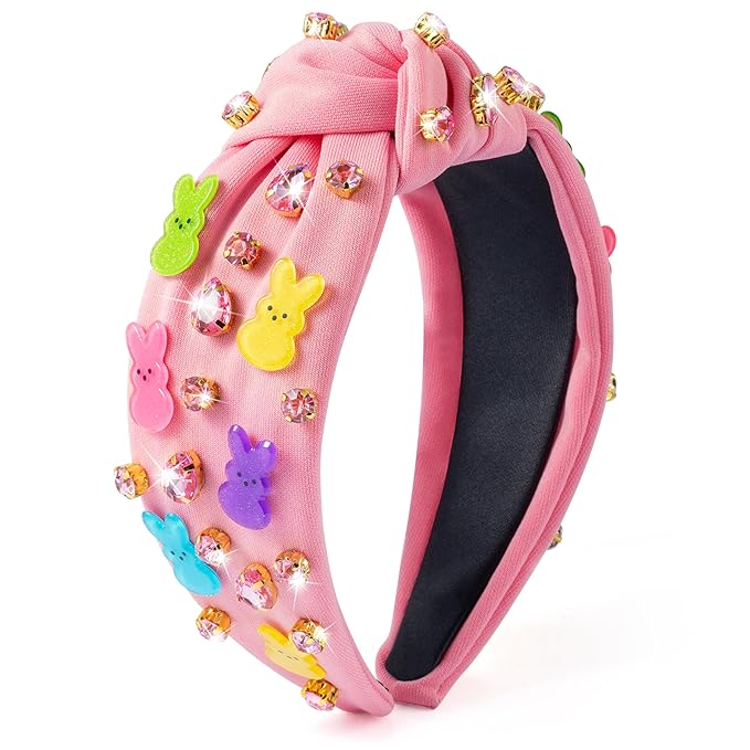 PANTIDE Easter Bunny Jeweled Knotted Headband - Peeps Rabbits Rhinestone Crystal Embellished Headband Wide Top Knot Fashion Hairband Hair Accessories Easter Spring Birthday Gift for Women Girls (Pink)