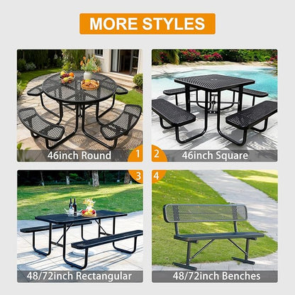 46-Inch Square Outdoor Picnic Table – Commercial Heavy-Duty Steel Dining Table with Thermoplastic Coating, Weather & Rust Resistant, Ideal for Parks, Patios, Schools, Campgrounds (Black)