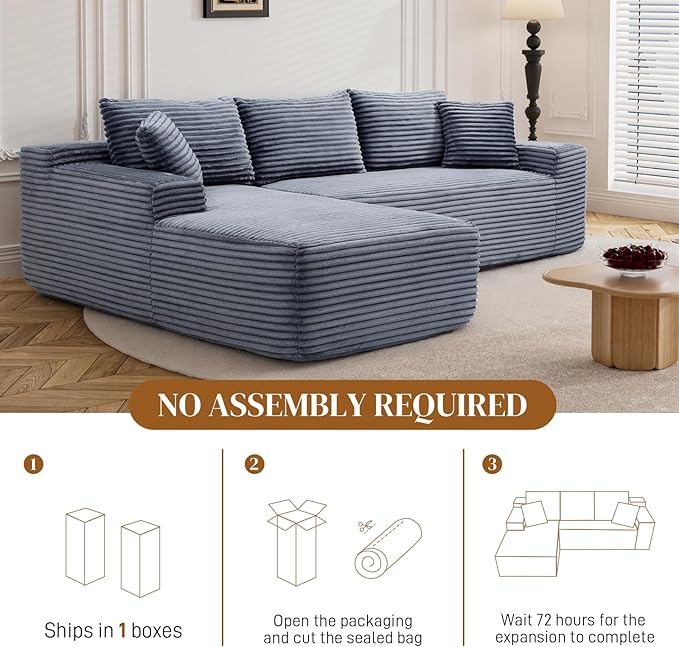 95" L Shaped Boneless Sectional Couches, Wide Armrest, Deep Seat, Memory Foam, Assembly Free, Modern Comfy Corduroy Fluffy Cloud Sofa with Left Chaise for Living Room, Small Spaces, Grey