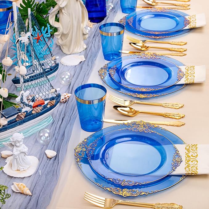 Hioasis 210pcs Blue and Gold Plastic Plates - Elegant Disposable Dinnerware Set Suitable for 30 Guests Include 10.25" Dinner & 7.5" Dessert Plates, Pre Rolled Silverware Set, Cups for Christmas