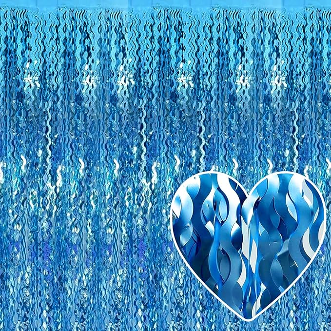 4 Pack Lake Blue Fringe Curtain Backdrop 3.2Ft x 8.2Ft Metallic Tinsel Foil Fringe Streamers Background for Photo Booth Mother's Day, Easter, Carnival, Birthday, Wedding Party Decoration