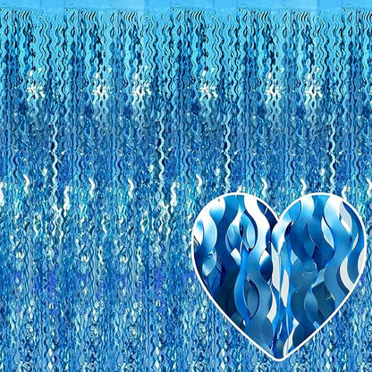4 Pack Lake Blue Fringe Curtain Backdrop 3.2Ft x 8.2Ft Metallic Tinsel Foil Fringe Streamers Background for Photo Booth Mother's Day, Easter, Carnival, Birthday, Wedding Party Decoration