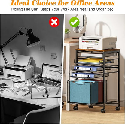 Rolling File Cart 5-Tier, Under Desk Cabinet with Sliding Metal Mesh Trays for Binder Storage, Utility Cart Printer Stand with Wheels for Letter-Size File Storage, for Office & Homeschool Organization