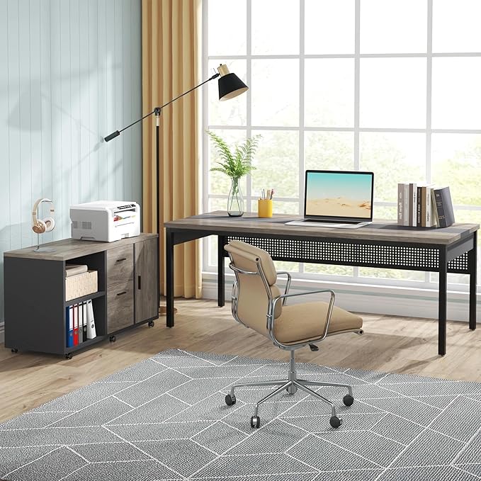 Tribesigns 71 inch Executive Desk, L-Shaped Desk with Mobile File Cabinet, Executive Office Table with 2 Drawers and Storage Shelves, Business Furniture Workstation for Home Office, Grey and Black
