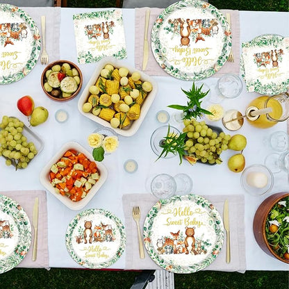 Woodland Baby Shower Decorations - Plates, Napkins, Cups, Cutlery, Cake & Cupcake Toppers, Banner, Hanging Swirls, Tablecloth, Balloons for Woodland Safari Birthday Party Decorations, Serve 24
