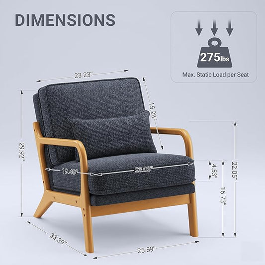 Accent Chair Set of 2 with Solid Wood Frame, Mid-Century Relaxing Armchair Lumbar Pillow& Soft Cushion, Reading Leisure Chair for Living Room, Bedroom, Waiting Room-Blue