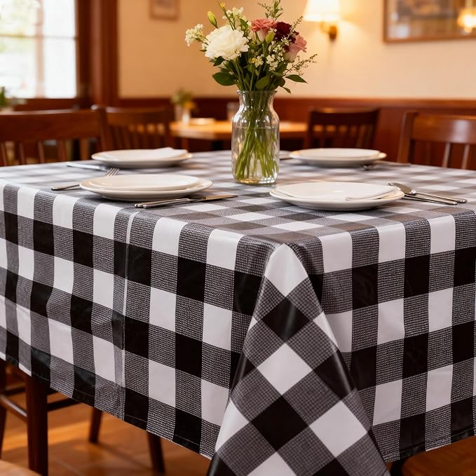 3 Packs Black and White Checkered Tablecloth 54x108 Inches Rectangle Gingham Tablecloth Disposable Plastic Waterproof Table Cover for Outdoor Picnic Kitchen and Birthday Party