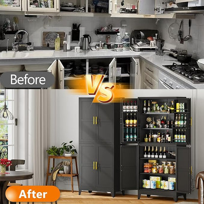 74.8" Tall Metal Food Cabinet, Black Kitchen Pantry Cabinet, Storage Cabinets with 4 Door and 4 Adjustable Shelves, Steel Freestanding Cupboard for Kitchen Dining Room Living Room Bathroom