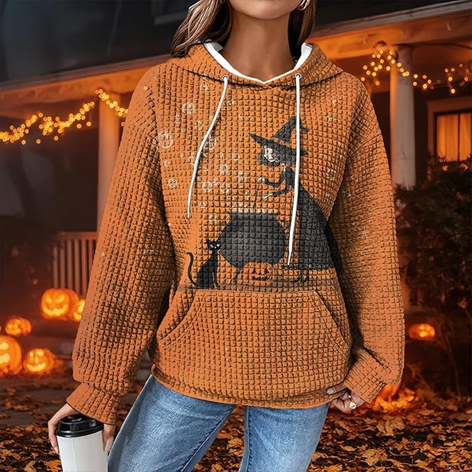 Halloween Sweatshirts for Women Novelty Graphic Drawstring Waffle Hoodies Loose Casual Pullover Tops with Pocket