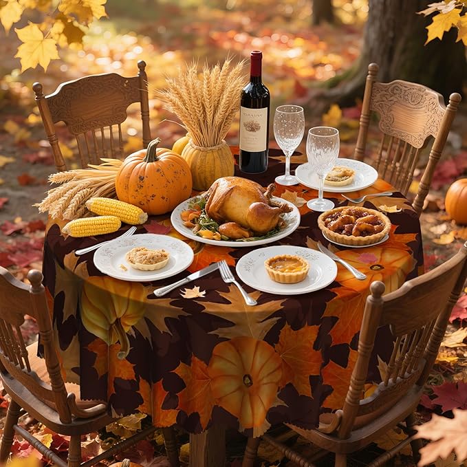 Eikione 60In Round Tablecloth, Pumpkin Table Cloth, Black Checkered Tablecloth Pumpkin Thanksgiving Day Tablecovers