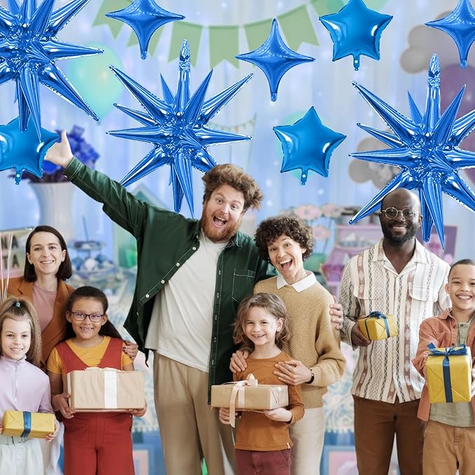 Blue Star Balloon,16Pcs Star Foil Balloons Set with 22Inch Explosion Spike Cone Balloons and 10Inch Quadrangle Helium Balloon for Birthday Wedding Baby Shower Party Decorations