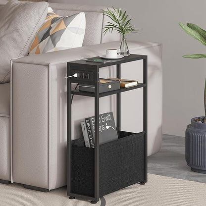 Narrow Side Table with Charging Station, Slim End Tables with Linen Basket, Skinny Table for Small Spaces, Thin Bedside Table for Living Room, Bedroom