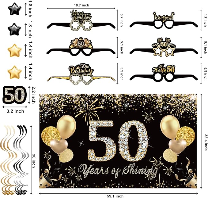 50th Birthday Decorations,39pcs-50th Birthday Decorations for Men & Women,Black Gold 50th Birthday Eyeglasses Decorations Banner Balloons Backdrop Hanging Swirls Paper Fans ,1975 Banner Party Supplies