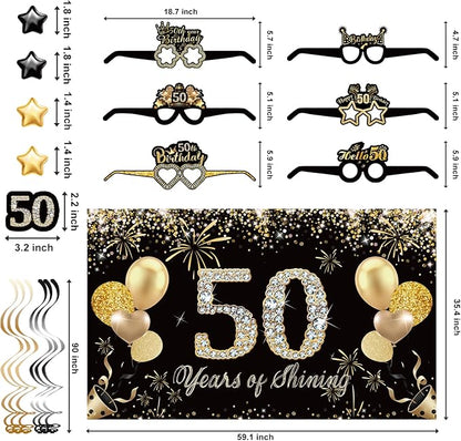 50th Birthday Decorations,39pcs-50th Birthday Decorations for Men & Women,Black Gold 50th Birthday Eyeglasses Decorations Banner Balloons Backdrop Hanging Swirls Paper Fans ,1975 Banner Party Supplies