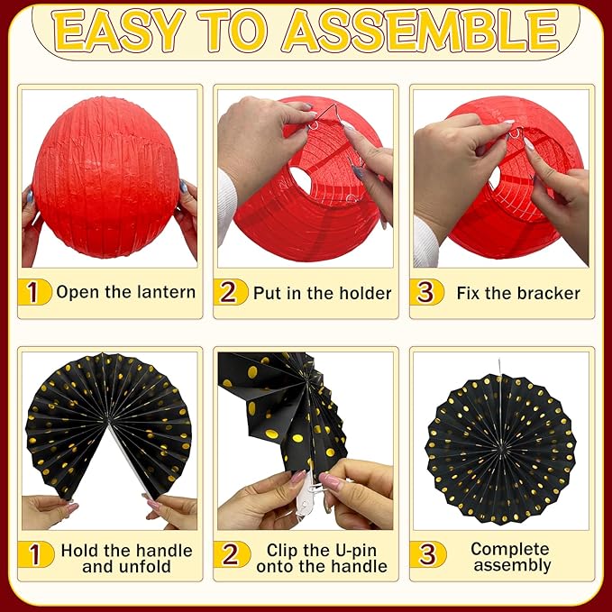 14Pcs Casino Theme Party Decorations, Hanging Red Black Gold Paper Lanterns Fans for Graduation Wedding Birthday Game Night Hibachi New Years Eve Hollywood Theme Party Decorations