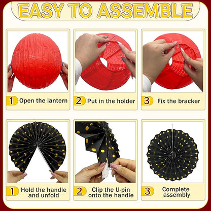 14Pcs Casino Theme Party Decorations, Hanging Red Black Gold Paper Lanterns Fans for Graduation Wedding Birthday Game Night Hibachi New Years Eve Hollywood Theme Party Decorations