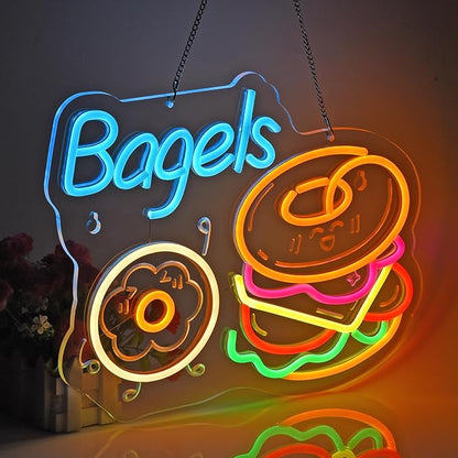 Bagels Neon Sign, Neon Lights Hanging Wall Art Decoration for Store Retail Shop Market Mall Grocery Bakeries Café Celebration Home Decor, USB Powered Ultra Bright Dimmable, 15.75*12.2 inches