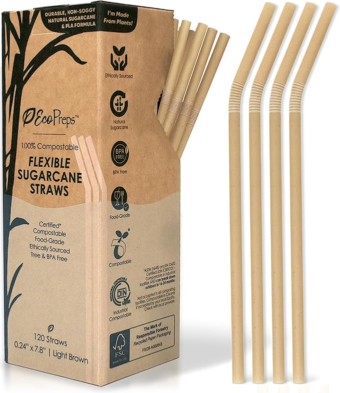 Flexible Biodegradable Sugarcane Straws, 120 Count | 100% Compostable, Plastic-Free, Eco-Friendly Drinking Straws for Cold Drinks | 7.8'' Bendable, Disposable Sugarcane Fiber Straw (120 PCS)