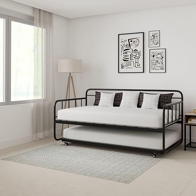 Amazon Basics Twin Daybed and Trundle Bed Frame Set, Space Saving Steel Slat Support, Easy Assembly, Twin Size, Black, 77.3 x 40 x 35.4 in