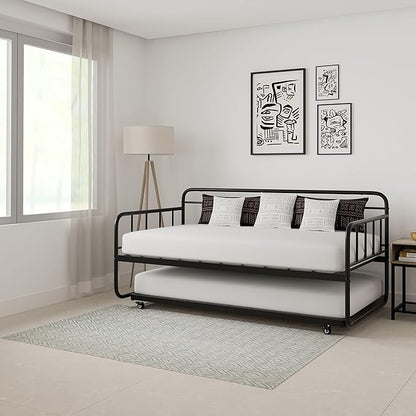 Amazon Basics Twin Daybed and Trundle Bed Frame Set, Space Saving Steel Slat Support, Easy Assembly, Twin Size, Black, 77.3 x 40 x 35.4 in
