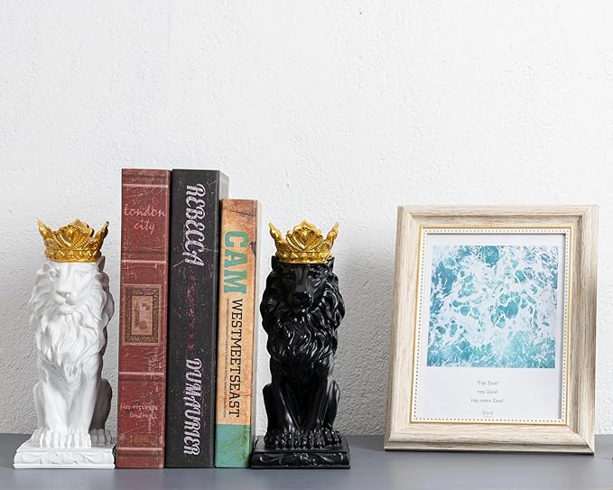 Lion Statue Decor 9 inch Resin, White Decor Accent Crown Lion Statue Man Home Office Desk Table Shelf Decoration, Men Father Leo Gift