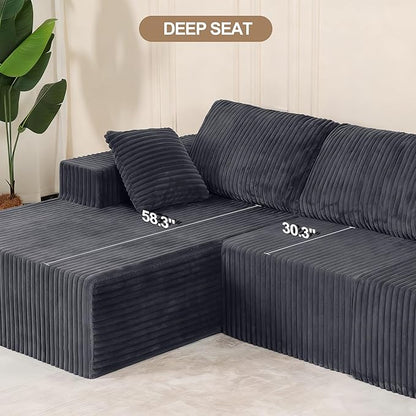 L Shaped Modular Boneless Sectional Couches for Living Room, Wide Armrest, Deep Seat, Memory Foam, Assembly Free, Modern Comfy Corduroy Fluffy Cloud Sofa with Left Chaise, Grey