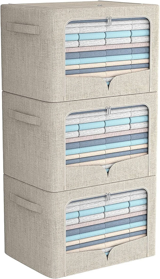 FHSQX 3 Pack Clothes Storage Bins Foldable Metal Frame Storage Box Stackable Linen Fabric Organizer Set with Carrying Handles and Clear Window (Beige, 15.7x11.8x7.8inch(22L))