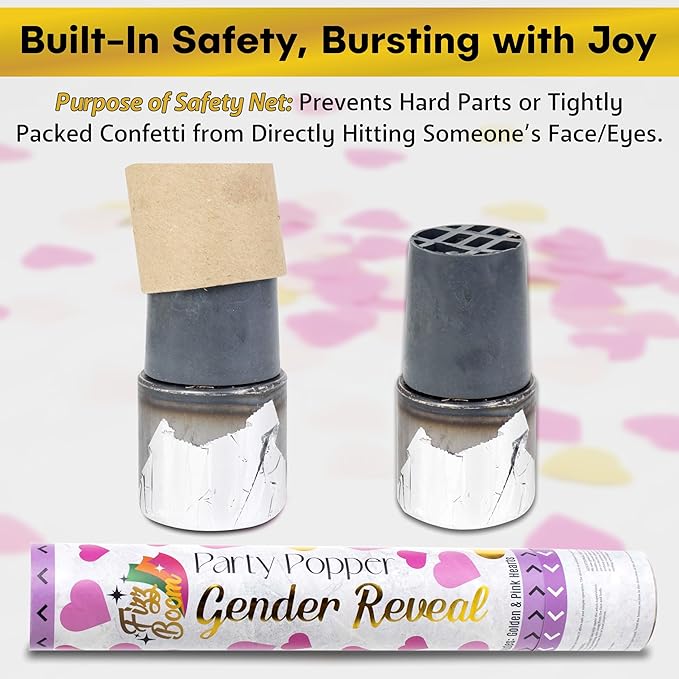 2 Pack Pink Heart-Shaped Confetti Poppers for Baby Gender Reveal | Pink Paper and Gold Mylar Baby Girl Party Supplies