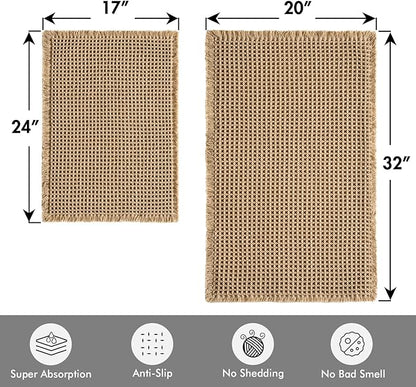 MIULEE Set of 2 Waffle Bathroom Rugs, Boho Bath Rugs Non Slip Washable, Super Absorbent Bath Mats, Ultra Soft Rubber Backed Shower Mats for Bathroom Floor, Tub, Brown, 17"x24"+20"x32"