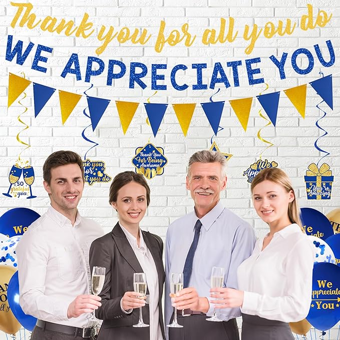 DARUNAXY Blue Gold We Appreciate You Decorations, Thank You All You Do Banner Hanging Swirl Confetti Balloons for Retirement Office Coworker Staff Teachers Nurse Appreciation Gifts Party Supply