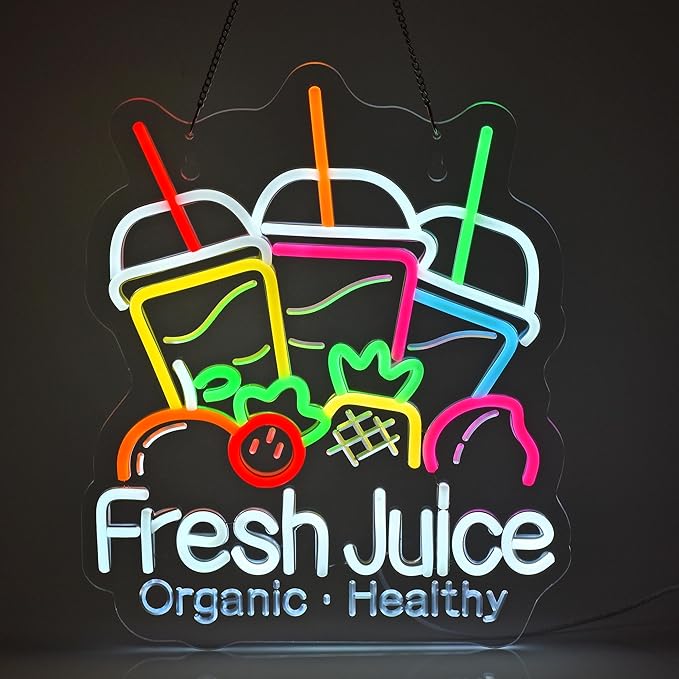 Fresh Juice Neon Sign, Neon Lights Hanging Wall Art Decoration for Juice Bar Shop Food Truck Market Bakeries Café Celebration Home Decor, USB Powered Ultra Bright Dimmable, 15.35×12.6inches
