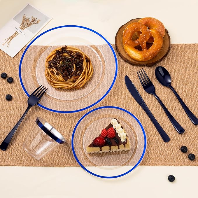 BESTSTAR 100PCS Blue and Clear Plastic Plates, Disposable Plate Set with 50 Dinner Plates and 50 Dessert Plates for Party, National Day, Memorial Day