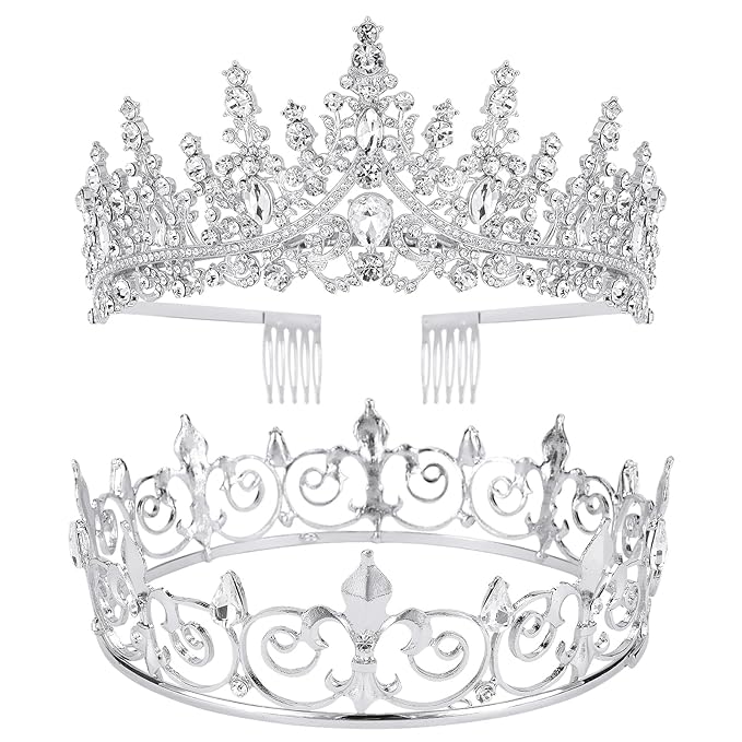 VELSCRUN 2 Pcs Tiara Crown for Men Women, Silver Crowns for Men Metal, King Queen Crown Tiaras, Prince Crown Princess Tiaras for Girls, Birthday Prom Wedding Halloween Party Hair Accessories B