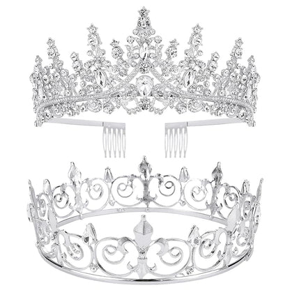 VELSCRUN 2 Pcs Tiara Crown for Men Women, Silver Crowns for Men Metal, King Queen Crown Tiaras, Prince Crown Princess Tiaras for Girls, Birthday Prom Wedding Halloween Party Hair Accessories B