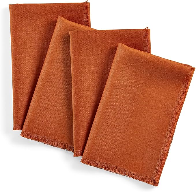 Solino Home Fringe Linen Napkins Set of 4-100% Pure Linen Cinnamon Dinner Napkins 20 x 20 Inch for Fall, Autumn - Handcrafted and Machine Washable